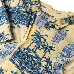 IZOD Saltwater Island Print Button Up Short Sleeve Yellow‎ Blue Shirt XL
